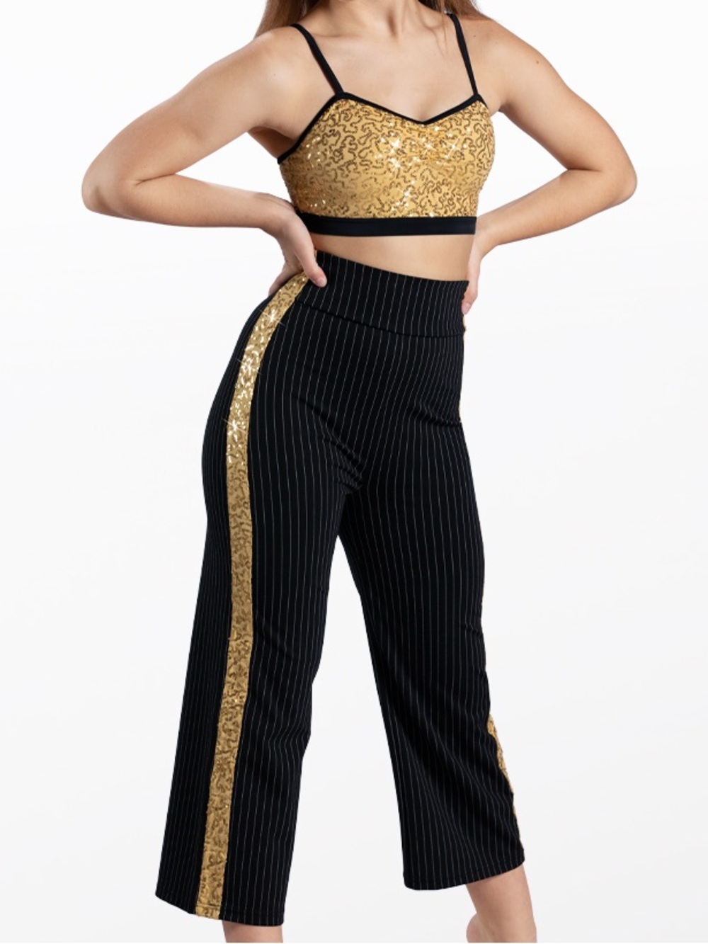 Weissman Black Pinstripe Wide-Leg Pants and Gold Sequin Bra Set - Size Adult XS